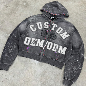 Rhinestones Applique Embroidery Boxy Black OEM Custom Print Heavyweight Streetwear 400 GSM Distressed Zipper Men's Hoodie