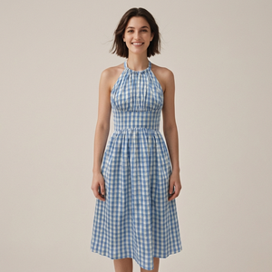 Robe midi dos nu à carreaux bleus et blancs pour femme, style licou, avec nœud papillon, coupe trapèze, idéale pour les vacances d'été, vente en gros - Product Image 1