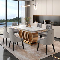 Ensemble de Table et Chaises de Salle à Manger Moderne de Villa en Acier Inoxydable Doré, Grande Table 8 Places avec Plateau en Marbre
