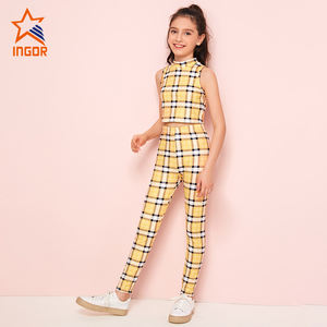 Enfants filles Plaid Sport costume col montant <span class=keywords><strong>sans</strong></span> manches haut court taille haute Yoga Legging Fitness filles entraînement ensemble - Product Image 2