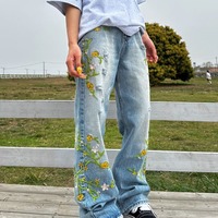 Jean en denim professionnel pour femme, coupe baggy, broderie florale, taille mi-haute, jambe droite ample et large