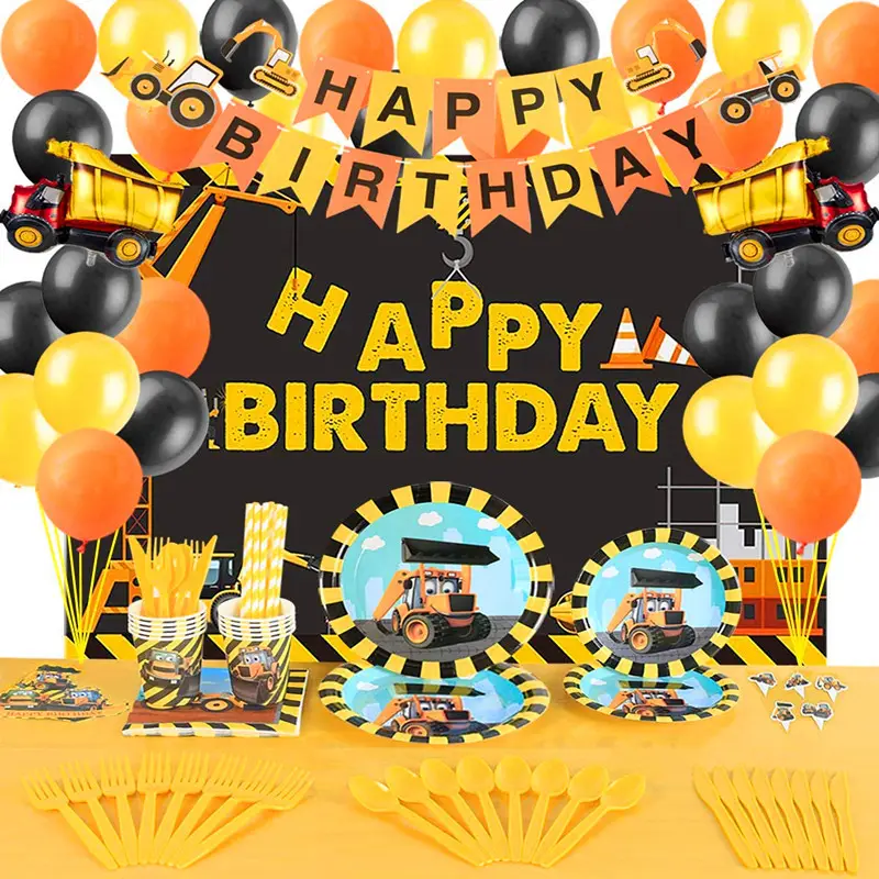 Vaisselle jetable pour fête d'anniversaire, thème de Construction, décoration d'anniversaire pour garçons, dessin animé, voiture, ballons, assiettes SPT003