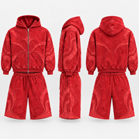 Ensemble sweat à capuche et short personnalisé effet vieilli en molleton de coton délavé avec patch appliqué, fermeture éclair intégrale, pour le streetwear