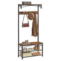 Porte-manteau 3-en-1 avec banc à chaussures et étagères de rangement, meuble d'entrée industriel en acier avec 5 crochets, facile à assembler