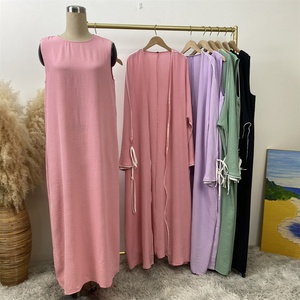 1446+6595#B 2 PCS New Popular <b>Set</b> Crepe Split Lace up Sleeves White Line Abaya Match Loose Sleeveless Inner Dress Abaya Dress - Product Image 6