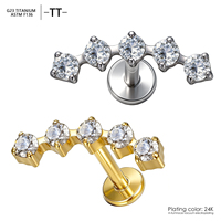 Piercing Labret en Titane ASTM F136 16G à Filetage Interne avec 5 Zircons Cubiques Ronds pour Hélix, Conch, Cartilage, Tragus, à Dos Plat