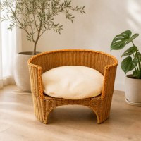 Panier pour animaux de compagnie en rotin PP brun, écologique, durable, tissé, ventilé, résistant aux griffures, facile à nettoyer, pour chatons et chats d'intérieur