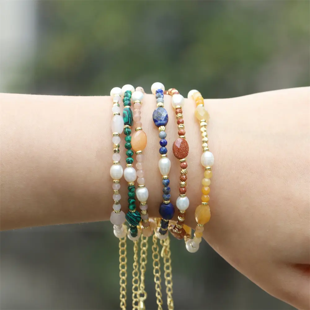 Nouveau Boho Bijoux Pierre Naturelle Perle Bracelet En Acier Inoxydable 316L À Facettes Lapis Perles D'eau Douce Perle Charme Pierres Précieuses Bracelets