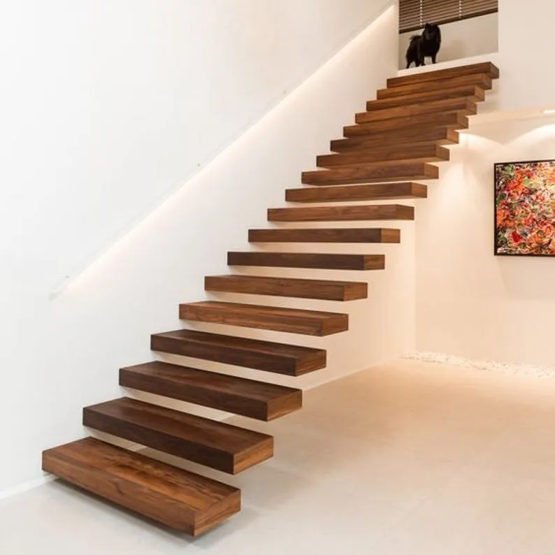 Modern American House Decorative Indoor Solid Wood Floating Stairs Invisible Stringer House Remodeling Prefabricated Staircase