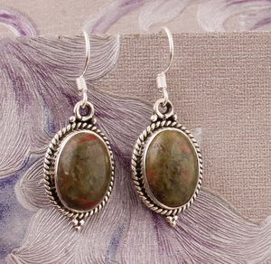 Pendientes de aro con borde ovalado de Unakite Vintage de Plata de Ley 925 de alta calidad, piedras preciosas minimalistas para mujer - Product Image 1