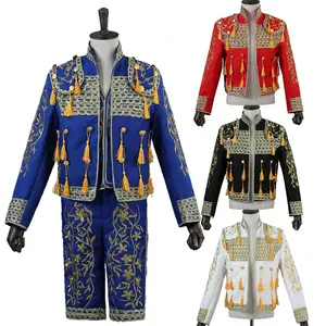 पुरुषों की स्पेनिश matador पोशाक चरण यूरोपीय कॉस्टयूम कशीदाकारी tasseled तीन-टुकड़ा सेट