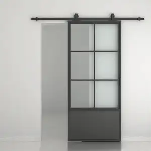 TKM-B04 37in x 84in Glass Sliding Barn Door, Modern French Door, Paneled Frosted Glass Carbon Steel Frame Sliding Closet Kitchen