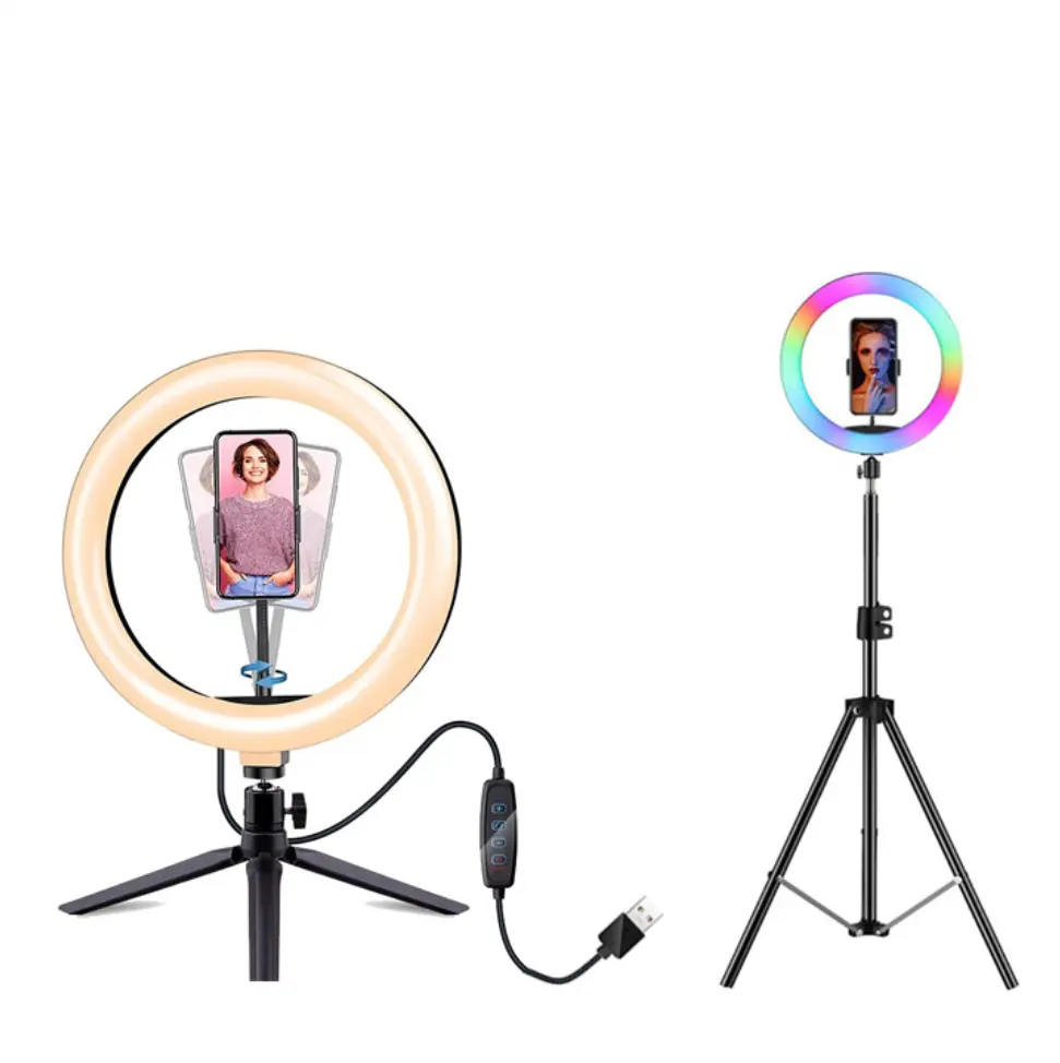 6/8/10/12/14/18/20/21 дюймов, для телефона держатель цветная (RGB) Заполните лампы мобильный видео в режиме реального времени кольцевой осветитель на светодиодах (LED) для селфи с штатив-Трипод стойка