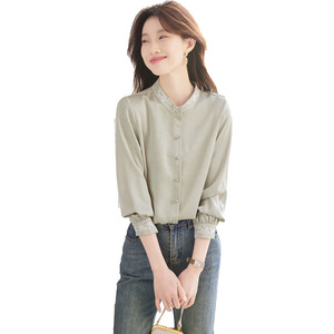 Women's Apricot Blouse Solid Color Chiffon Chinese Style Embroidered Work Shirt - Product Image 5