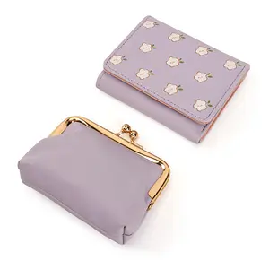 High Quality Latest Design Soft PU Leather Purple Flower Pattern Ladies Short Clutch Wallet with card slots purse for woman