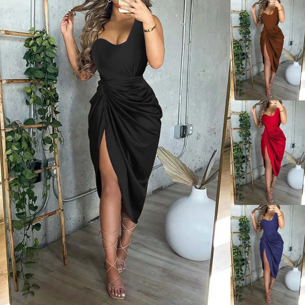 Summer elegant cheap casual women dress solid color plus size sleeveless party wear bodycon dresses for women