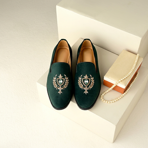 Premium Asken Atelier <b>Men's</b> Dark Green <b>Velvet</b> <b>Loafers</b> Embroidered Crest Emblem Anti-Slip Genuine Leather Lining Elegant Slip-On - Product Image 1