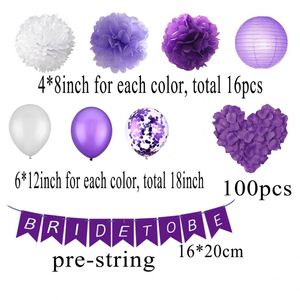 Décoration de fête prénuptiale violette, bannière « Future mariée », pompons, lanternes, pétales pour mariage, fournitures de fête de bachelorette - Product Image 2