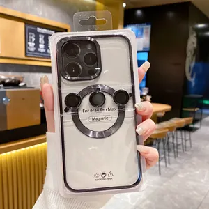 Casing ponsel lapisan cd magnetik, untuk iphone 15 pro max 14 13 12 penutup ponsel TPU lembut bening dengan pelindung lensa kamera