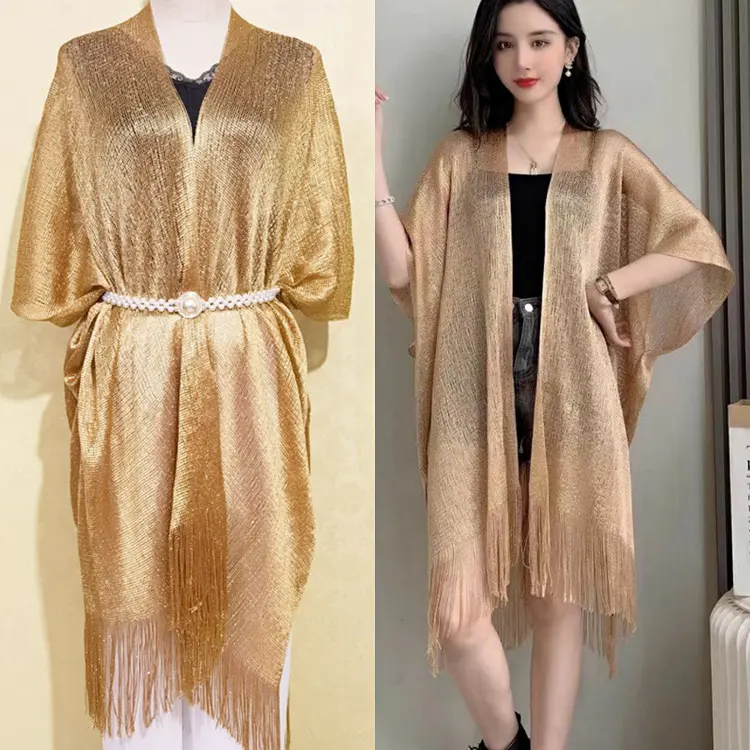 New Arrival Gold Wire Split Shawl Thin Evening Dress Decorative Tassel Hollow Sunscreen Scarf