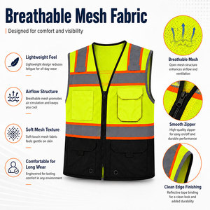 Gilet de sécurité fluorescent à multiples poches utilitaires zippées en maille avec bandes réfléchissantes pour entrepôt, travaux routiers et activités extérieures - Product Image 4