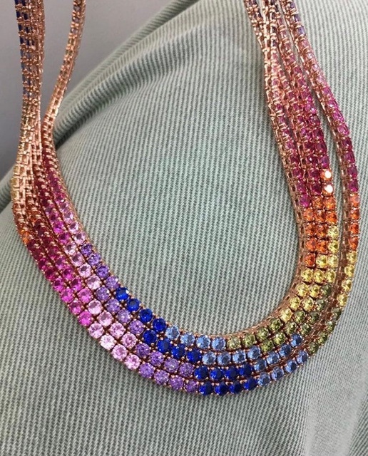 Luxury Iced Out Bling rainbow Cz Jewelry Rose Gold Plated Colorful 5a Cubic Zirconia  Tennis Chain Choker Necklace for Women