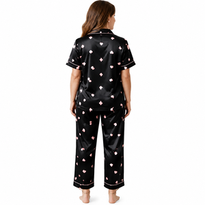 Women <b>Black</b> Satin Summer <b>Pajama</b> <b>Set</b> Short Sleeve Button Sleepwear Two Piece Nightwear Eco-Friendly Breathable Wholesale OEM ODM - Product Image 2