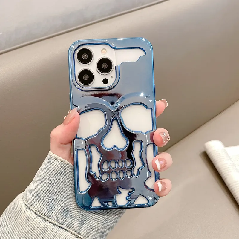 Hot Sale New Luxury Plating Hollow Out Phone case For Iphone 14 pro Max 13 12 11 Plus Cool Metal Skull Shockproof Mobile Cover