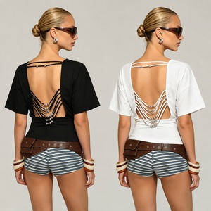 Top corto asimétrico de un solo hombro para mujer, estilo vintage de verano, con flecos de cuentas, sin espalda, de punto, de manga corta. - Product Image 1