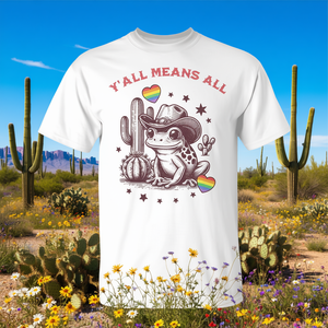 Camiseta Y'all Means All Frog Cowboy con diseño del Orgullo LGBTQ, ajuste unisex - Product Image 3
