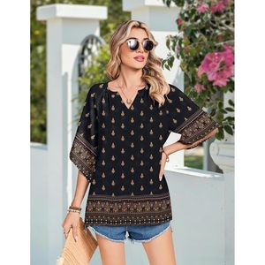Blusa Bohemia para Mujer, Manga 3/4, Cuello en V, Estampado Floral, Corte Holgado, Túnica Informal de Chifón, para Uso Diario - Product Image 3