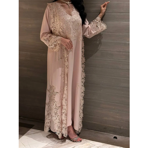 LEDUO Abaya personalizada de alta calidad con encaje empalmado y cuello en V para damas, vestido musulmán para mujeres. - Product Image 1