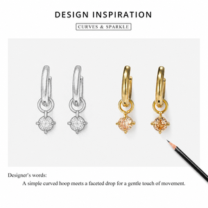 Zircon Drop Hoop <b>Earrings</b> Stainless Steel 14K Gold Vacuum Plated <b>Hinged</b> Hoops with Round Champagne Color Stone Detail - Product Image 3