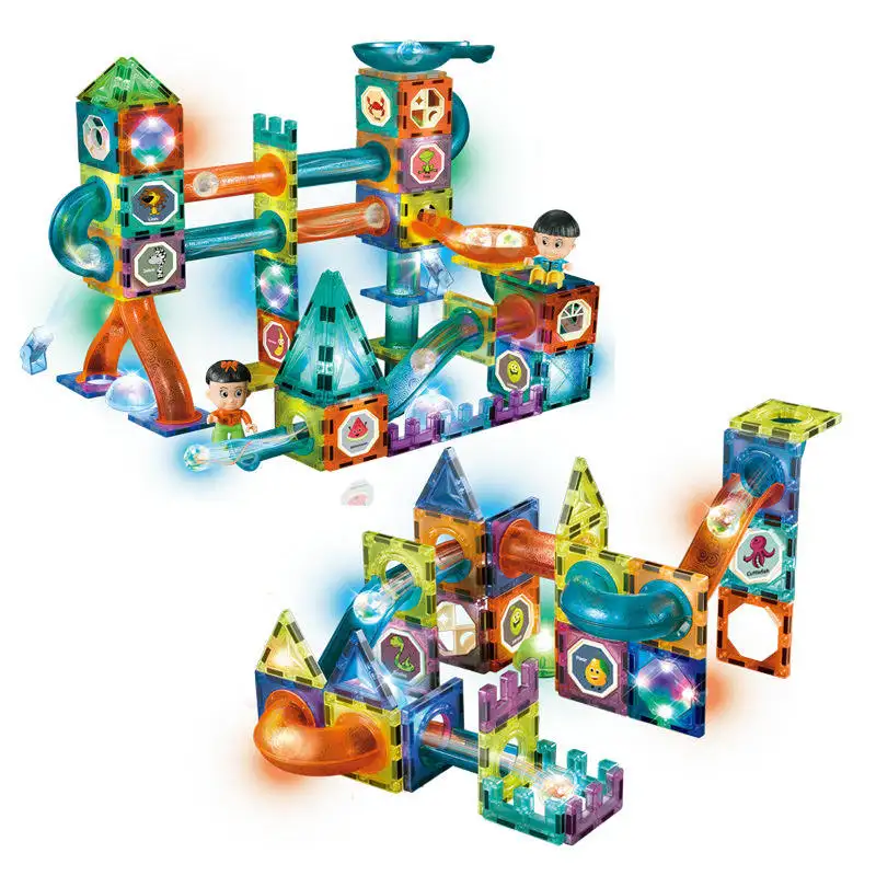Flash Light Pipe Track Magic Magnetic Tiles Marble Run Blocks Sets Magnetic Ball Track Building Blocks Toys DIY Assembly Toy