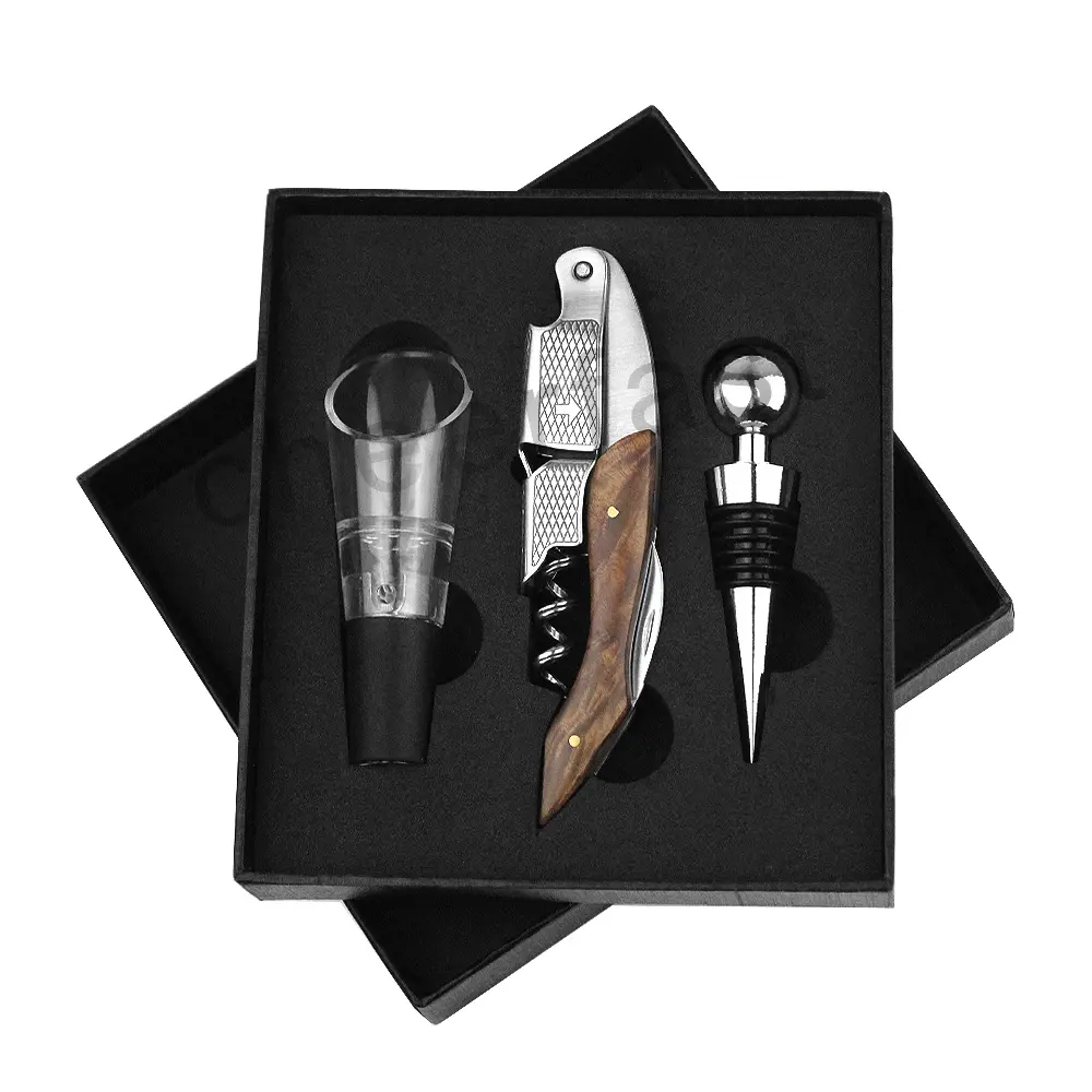 Gravação a laser personalizada, conjunto de acessórios para vinho personalizado, tampa e bandeja, kit de abridor de vinho