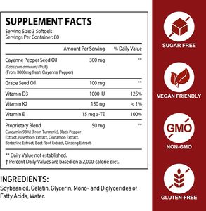 OEM Cayenne Peper Softgels <span class=keywords><strong>Capsules</strong></span> met Vitaminen D3, K2, E, Hawthorn, Rode Biet, Kurkuma Supplement ter ondersteuning van een gezonde bloedsomloop - Product Image 2