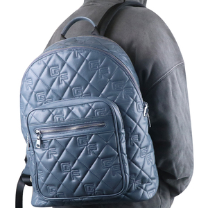 Dusty Blue Diamond Quilted Embossed Letter Logo PU <b>Backpack</b> with Adjustable Nylon Strap Daily Travel <b>Backpack</b> - Product Image 2