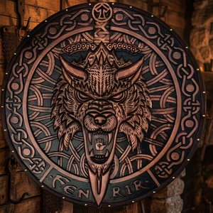 Bouclier Viking usé par le combat, décoration murale, loup Fenrir sculpté en bois - Product Image 4