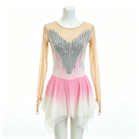 Robe de patinage et de danse pour enfants et adultes, dégradé rose et blanc, maille nude, manches longues, strass, jupe superposée, pour compétition et spectacle de patinage sur glace