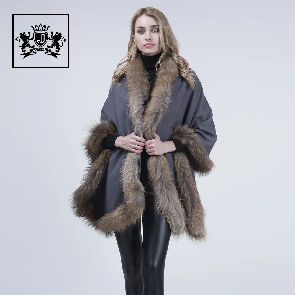 Hot Sale Real Fur Trim Cape Warm Winter Fur Shawl Poncho