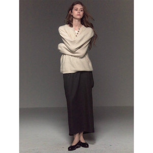 Pull en maille douce et moelleuse pour <span class=keywords><strong>femme</strong></span>, style Henley à boutons, coupe ample, effet cachemire, couleur avoine - Product Image 5