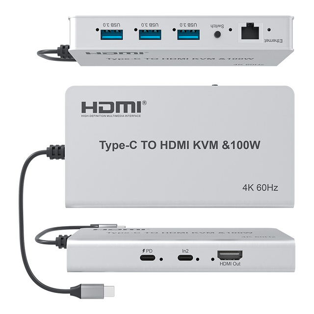 Type-C KVM Switch Dock 2 in 1 Out USB-C to HDMI Hub 4K60Hz 100W PD Charging USB3.0 Gigabit Ethernet Multiport Adapter