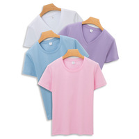 D1N 2026 Kaos Wanita Warna Solid Bahan Spandex/Katun Model Terbaru Musim Panas Lengan Pendek V-Neck Trendi