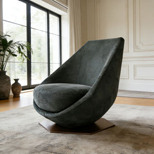 Fauteuil de loisirs individuel enveloppant de style sculptural moderne en forme d'œuf, avec base en fibre de verre et revêtement en cuir suédé - Product Image 1