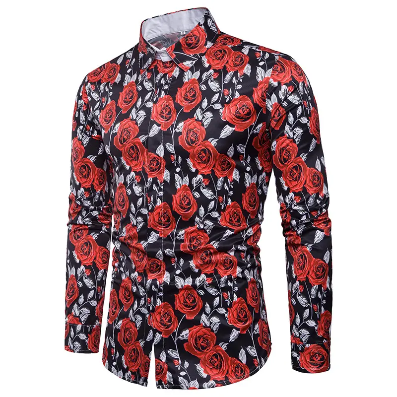 Casual trend men's rose flower print long-sleeved lapel shirt