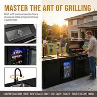 Évier de cuisine extérieur modulaire moderne de qualité supérieure, personnalisé, avec crédence, finition laquée noire écologique, charnière, grill BBQ