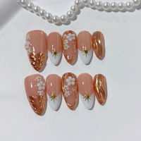 Faux ongles à presser en acrylique faits main, 10 pièces, couvrance totale, forme amande, pré-dessinés avec colle, motif floral personnalisé pour doigts
