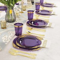 Customizable Transparent Purple Dragon Disposable Tableware Set PS Hard Plastic Gold Rim Relief Plate Dust-Free Paper Wine