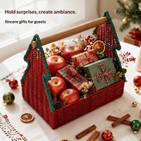Panier de rangement décoratif de table en forme de sapin de Noël, en rotin synthétique PE, avec poignée en bois massif, idéal pour cadeaux et fruits, parfait pour les mariages