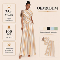 Ensemble pantalon deux pièces personnalisé pour femme, imprimé numérique à rayures, style vintage, avec détails nœud sur l'épaule, haut sans manches et pantalon large, OEM ODM
